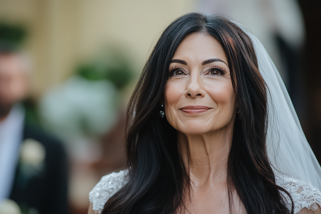 A smiling woman in a wedding dress | Source: Midjourney