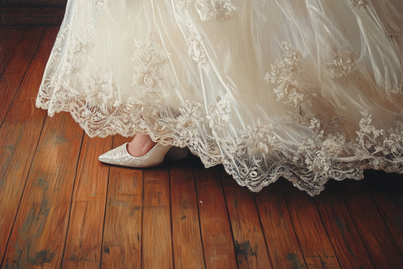 A woman walking quickly in a wedding dress | Source: Midjourney