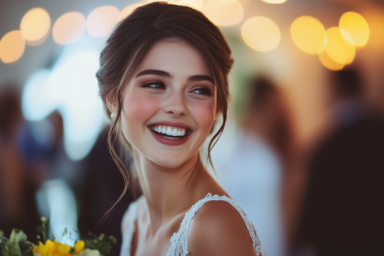 A happy bride glancing over her shoulder | Source: Midjourney