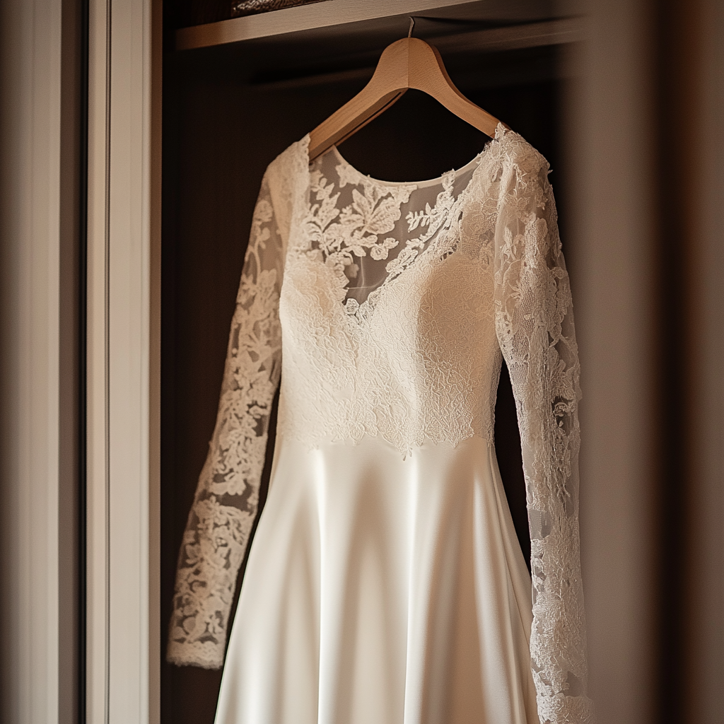 A wedding dress hanging in a closet | Source: Midjourney